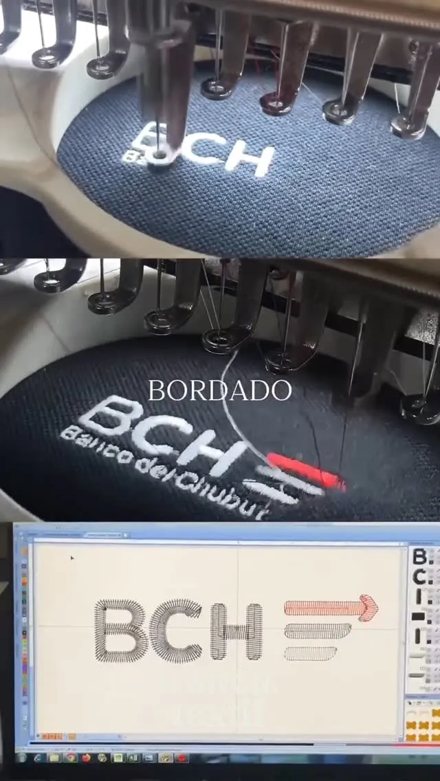 Máquina bordadora cosiendo el logo del Banco del Chubut